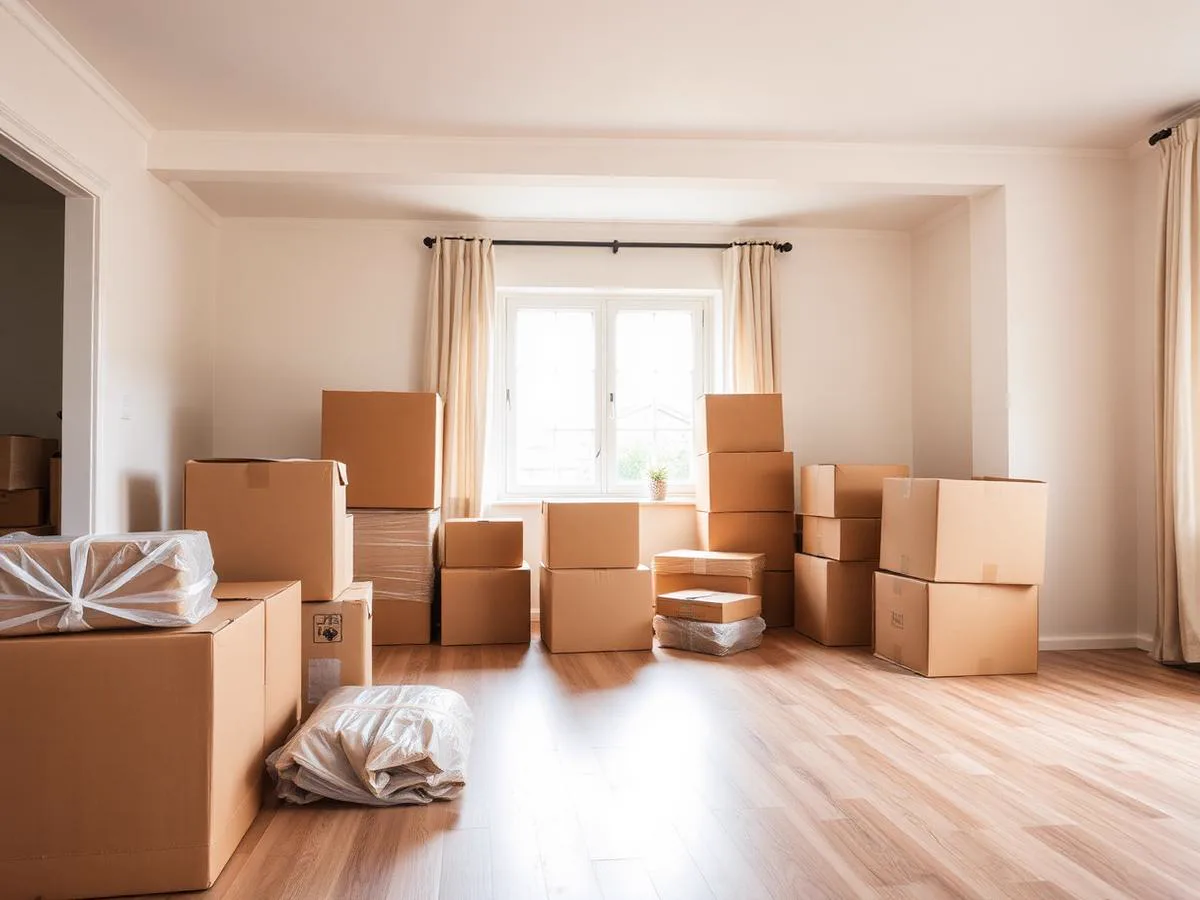 Neatly packed and labeled moving boxes in a bright home