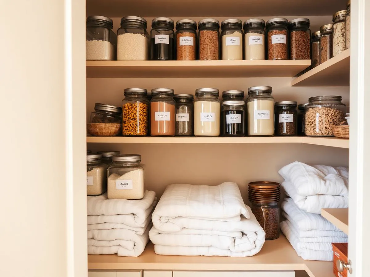 Organized pantry with labeled jars and folded linens