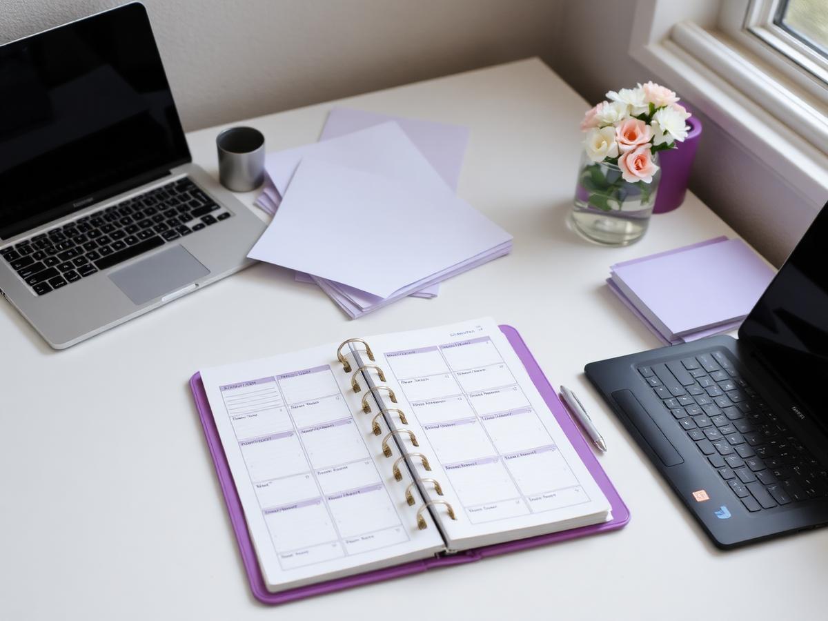 Organized home office desk with planner, laptop, and calendar