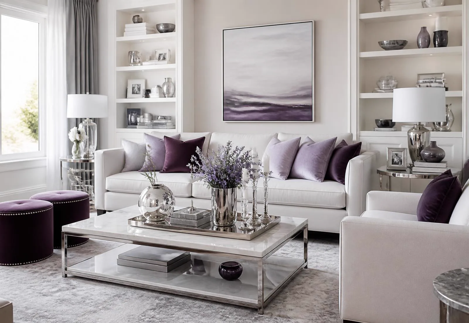 Bright, beautifully organized living room styled by Sparkle and Order LLC
