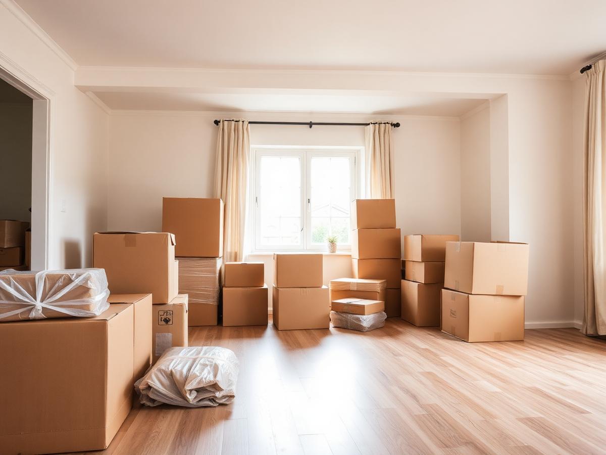 Neatly packed and labeled moving boxes in a bright home