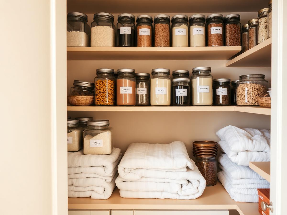 Organized pantry with labeled jars and folded linens
